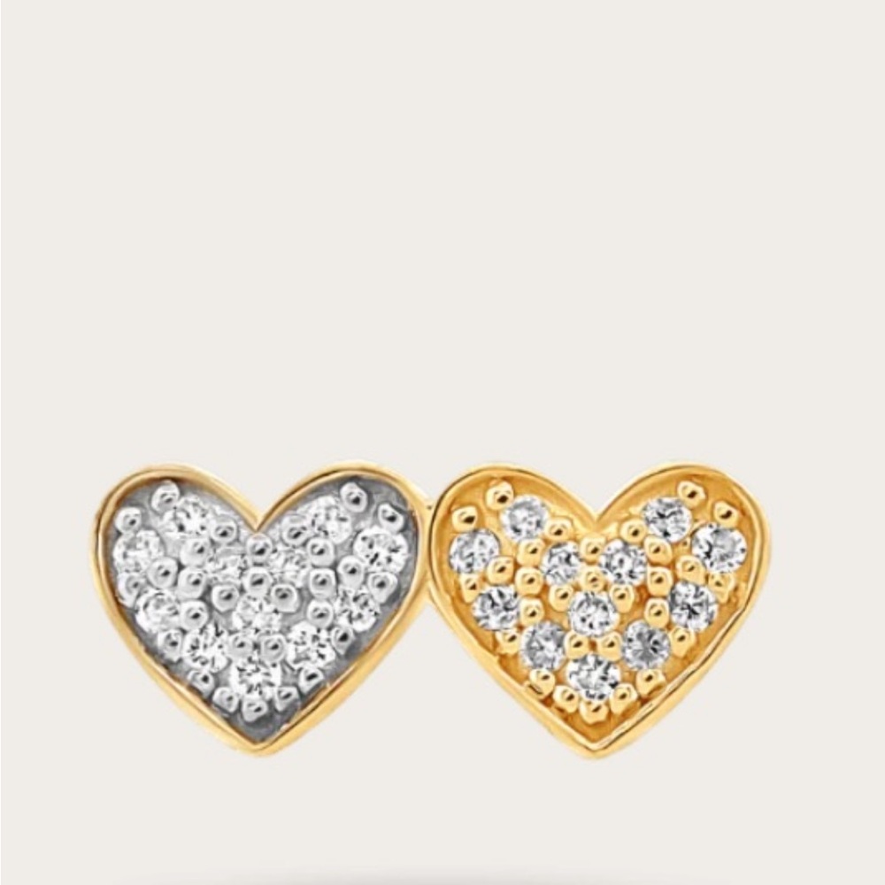 Yellow and white gold double heart real diamond earring studs